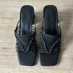Open Edit Black Strappy Low Block Heels